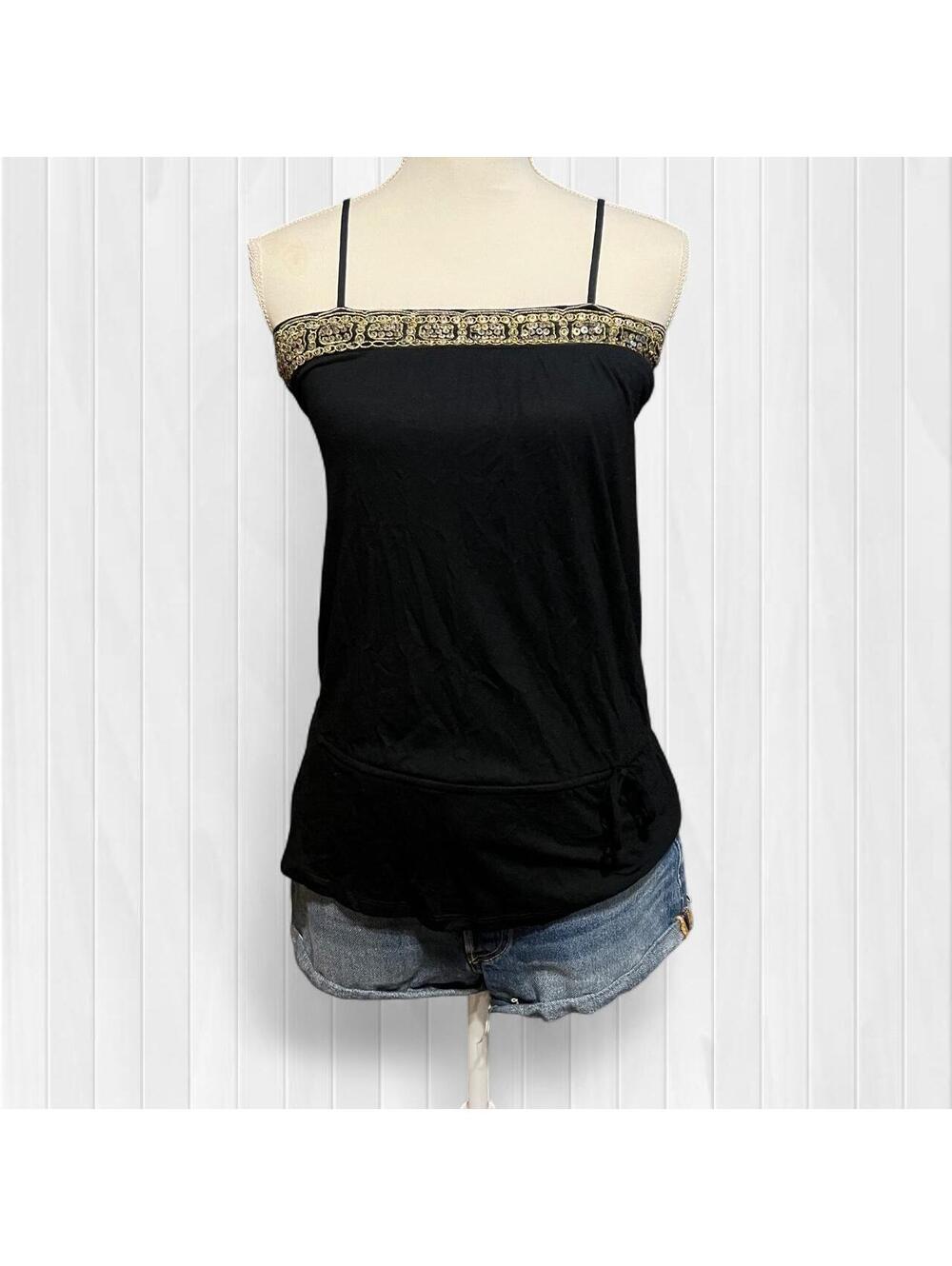 Weavers Y2K Black Gold Trim Cami with small tie Size S Vintage Boho Goth
